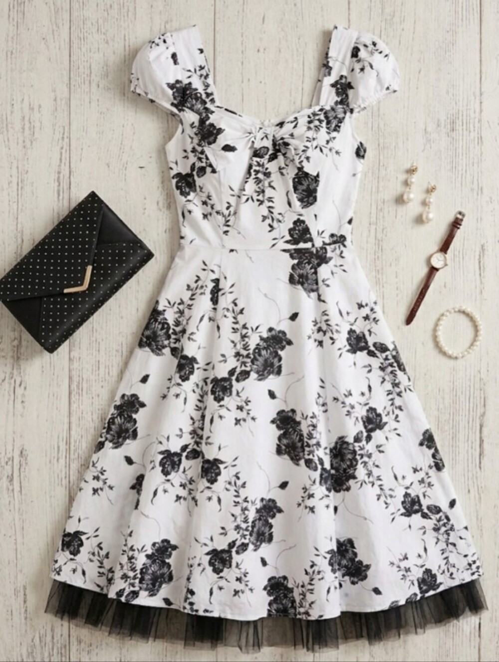 Source Unknown White Dress with Black Floral Print and Bow